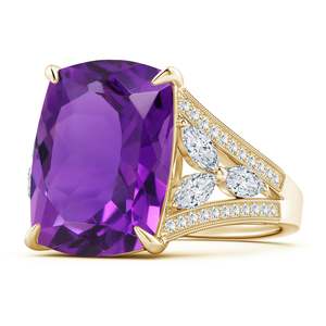 Women's Yellow Gold Amethyst <b>Ring</b> With Diamond Accents Geometric Design Classic Engagement Gemstone <b>Ring</b> - Product Image 1