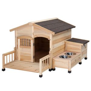 HOBBYZOO Wooden <b>Dog</b> <b>House</b> <b>Outdoor</b> Pet Shelter with Cabin Style Waterproof Asphalt Roof Porch Feeding Bowl Storage Box Nat - Product Image 6