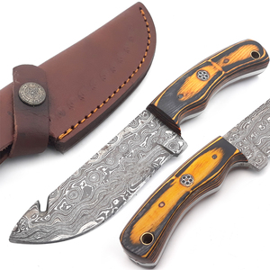 Couteau de chasse de poche en acier Damas de qualité industrielle OEM, fait main, à lame pleine, pour l'extérieur, avec crochet de dépecage, fourreau en bois et cuir - Product Image 1