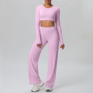 Conjunto de Yoga de 2 Piezas para Mujer, Color Azul Claro, Top Corto sin Mangas, Pantalones Largos de Cintura Media, Sin Costuras, de Spandex y Poliéster, a Cuadros, de Secado Rápido - Product Image 3