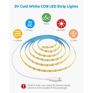 Tira de Luces LED COB USB de 1M, Luz Blanca Fría de Día 6000K, 3.28 Pies, 320 LED, Luces LED Flexibles para TV, Alimentación por USB, 1M - Product Image 4