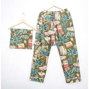 ชุดนอนผู้หญิงขายส่ง ผ้าฝ้าย 100% ระบายอากาศดี ชุดฤดูร้อน 2 ชิ้น แขนยาว ปิดด้วยเชือกผูก ลายดอกไม้ ผ้าถักเนื้อดี - Product Image 2