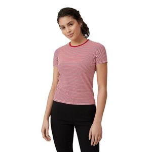 Camiseta de algodón 100% para mujer, con cuello redondo, manga corta, a rayas, corte ajustado, tejido de punto, informal, para primavera/verano. - Product Image 1