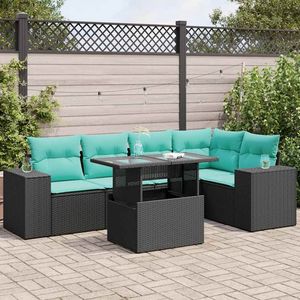 Ensemble de canapés de patio en polyrotin noir et acacia, 6 pièces, avec coussins, ensembles de jardin - Product Image 1
