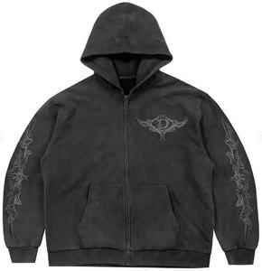Sweat à capuche zippé personnalisé de haute qualité, imprimé DTG, coupe ample et oversize, poids lourd 500 GSM, style streetwear usé Y2K pour hommes - Product Image 3