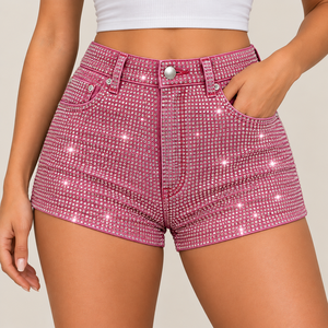 Shorts de mezclilla con pedrería rosa para mujer, shorts de moda con adornos brillantes y cintura alta - Product Image 1