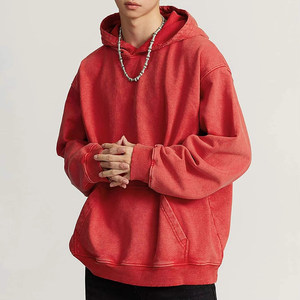 Sudadera con Capucha Roja para Hombre, Corte Holgado, Color Sólido, Informal, Tejida, Manga Larga, con Bolsillos, para Otoño - Product Image 4