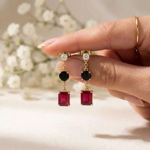 Ruby & <b>Black</b> Obsidian <b>Earrings</b> Rectangle Cut Drop Dangle CZ Accent <b>Stud</b> <b>Earrings</b> Minimalist Jewelry Gift For Her Elegant Style - Product Image 5
