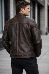 Chaqueta de Cuero de Oveja Genuino para Hombre, Estilo Café Racer, Acabado Artesanal en Color Marrón Antiguo - Product Image 2