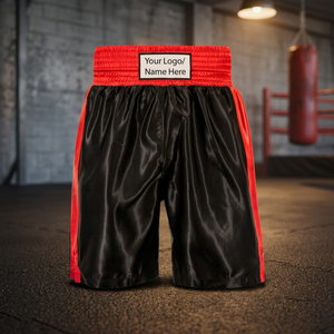 Pantalones Cortos de Boxeo Negros y Rojos con Logotipo Personalizado, Equipo de Entrenamiento de Artes Marciales de Satén - Product Image 3