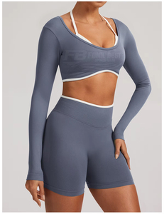 Ensemble de yoga 3 pièces personnalisé pour femme, couleur unie, col ras du cou, détails respirants, dos nageur sans manches, taille haute élastique - Product Image 5