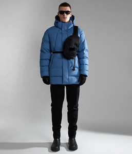Men's Blue Hooded Long Puffer Jacket Windproof <b>Down</b> Filled Casual Winter Coat with Zipper Closure and Logo on Left Sleeve - Product Image 4