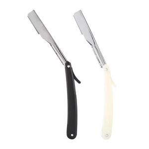 Rasoir droit pliant en acier inoxydable à lame unique, manche en plastique noir et ivoire, pour usage en salon de coiffure - Product Image 5