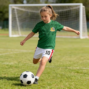 Custom Kids Soccer Uniform Set - Green Graphic Jersey & White Shorts with <b>Red</b> Stripes - Product Image 3