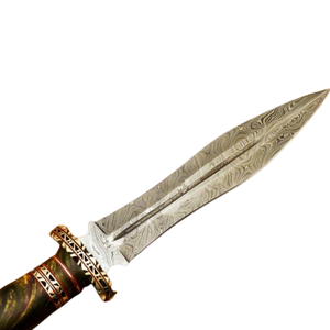 Cuchillo de Damasco Hecho a Mano con Mango de Resina Verde, Hoja Fija con Patrón, Cuchillo de Caza con Funda de Cuero Marrón para Exteriores - Product Image 2