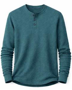 Camiseta térmica de manga larga para hombre, estilo waffle, color azul verdoso, informal, con cuello de botones, para invierno, de algodón, corte ajustado, tela transpirable - Product Image 2