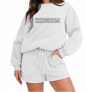 Conjunto Deportivo de Dos Piezas para Mujer, Sudadera de Cuello Redondo y Pantalones Cortos, con Logotipo Personalizado, Otoño-Verano, 100% Algodón Felpa - Product Image 4