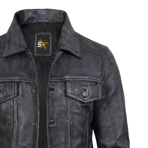 Veste en cuir véritable lavé pour homme 5K, col mandarin, fermeture éclair, coupe ajustée, style moto, coupe-vent, antibactérienne, doublure en sherpa - Product Image 4