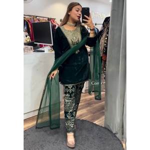 FANCY VISCOSE <b>VELVET</b> EMBROIDERY WORK TOP BOTTOM WITH DUPATTA <b>GREEN</b> - Product Image 1