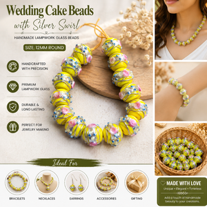 Decorative Wedding Cake Glass <b>Beads</b> | Yellow Lampwork <b>Crystal</b> Round 12mm Silver Swirl Pattern <b>Bracelets</b> Necklaces Earrings - Product Image 4