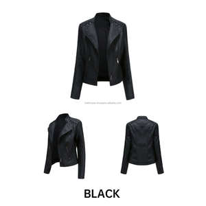 แจ็กเก็ตหนังบุสองชั้นสไตล์นักขี่มอเตอร์ไซค์สำหรับผู้หญิงสีดำมีซิปลูกไม้เน้นทรงเพรียวบางมีซิปกระเป๋าซิประบายอากาศได้ผ้าวิสคอส - Product Image 5
