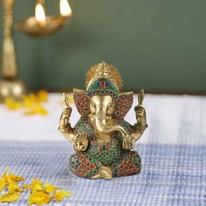 เทวรูปพระพิฆเนศทองเหลืองทำด้วยมือขนาด4นิ้วพร้อมการแกะสลักสีสันสดใสรูปปั้นพระพิฆเนศสำหรับเป็นของขวัญผลิตในอินเดีย - Product Image 4