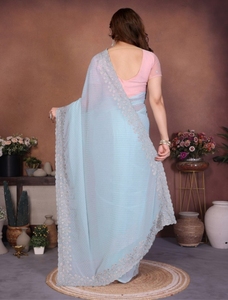 Sari de Rayón Georgette con Adornos al Estilo Bollywood KV para Fiesta, Sin Arrugas y Reversible, para Otoño - Product Image 2