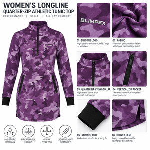 Custom <b>Womens</b> Purple Camouflage Longline Athletic Tunic <b>Quarter</b> <b>Zip</b> Workout Top With Pockets OEM Private Label Sportswear - Product Image 6