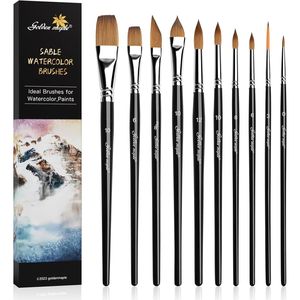 Set Professionale di 10 Pennelli per Acquerello Rotondi in Pelo di Martora Dorato con Manico in Acero per Artisti - Product Image 1