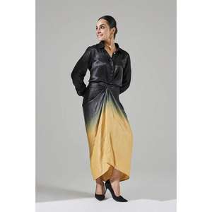 Robe longue évasée pour femme avec manches boutonnées, élégante et décontractée, idéale pour le bureau ou les soirées, taille naturelle - Product Image 1