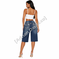 Jeans capri en denim à jambes larges avec strass personnalisés pour femmes |   Jean Culotte Taille Haute Cropped |   Mode ornée de cristaux étincelants