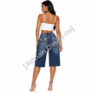 Jeans Capri de Mezclilla con Pedrería y Pierna Ancha Personalizados para Mujer |   Jeans Culotte de Cintura Alta y Corte Recto |   Moda con Cristales Brillantes - Product Image 5