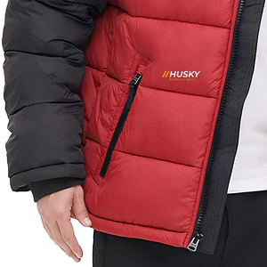 HUSKY Men's Hooded Puffer <b>Jacket</b> Red Black Color Blocking Windproof Winter Casual Zipper Front Logo Thick Quilted Coat - Product Image 5