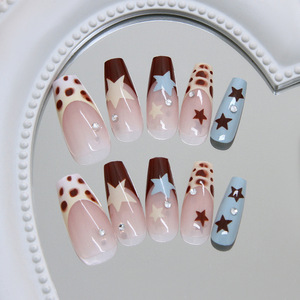 24 Pcs ABS Removable Press-On Nails Sea Salt Cream <strong>Chocolate</strong> <strong>Brown</strong> French <strong>Shining</strong> Nail Art with Glue for Finger Use - Product Image 4