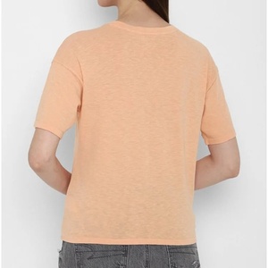 Women's <b>Peach</b> Crop <b>Top</b> Short Sleeve O-Neck Knitted Casual T-Shirt Solid Color Spring Summer Wear - Product Image 2