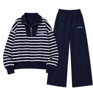 Winter Wear Ladies Blue <b>Striped</b> Quarter Zip <b>Women's</b> Pullover Tracksuit Wide Leg <b>Trouser</b> Set Casual Modest Athleisure Loungewear - Product Image 3
