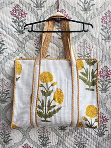 Premium <b>White</b> Quilted Cotton <b>Tote</b> <b>Bag</b> With Yellow Floral Hand Block print Open Casual Shopping Travel Handbag For Women - Product Image 1