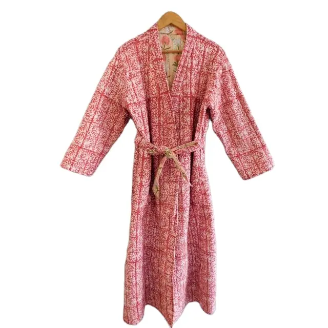 Áo Choàng Tắm Kimono Chần Bông Thiết Kế Cho Nữ Áo Choàng Tắm Dài Ấm Áp Mùa Đông In Hình Khối Tay