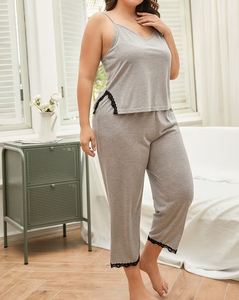 Women Gray Sleeveless Knitted Geometric Pattern Pajama Set Halter Top Elastic Waist Calf-Length Pants Lace Trim Soft Summer - Product Image 5