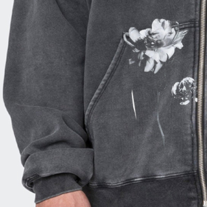 Sudadera con capucha y cremallera para hombre, oversize, negra, con lavado ácido, estilo streetwear, con letras de grafiti, 100% algodón, ecológica, para invierno - Product Image 3