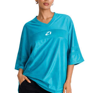 Haut en jersey américain bleu surdimensionné en maille respirante pour femme, col en V, qualité supérieure, coupe ample, fournisseur en gros - Product Image 1