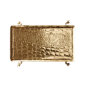 Plateau de service rectangulaire moderne et élégant en métal doré texturé, plateau décoratif pour table basse ou ottoman avec finition polie - Product Image 1