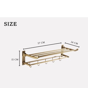 Modern Brass Double Tier Wall Mounted Towel <b>Rack</b> With Hooks For Bathroom Storage - Product Image 3