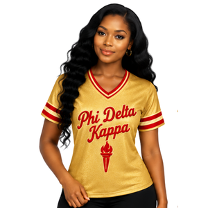 Maillot de football PDK Gold pour femme, rouge sergé, numéros 1923, motif branche de laurier, col en V, manches rayées, haut de tenue de sororité - Product Image 1