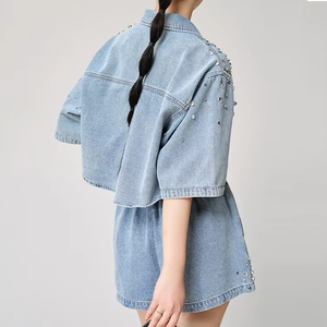 Ensemble deux pièces décontracté streetwear avec logo personnalisé, jupe en jean pour femme - Product Image 2