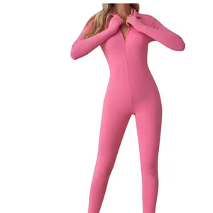 Combinaison longue en tricot rose pour femme, taille haute, fermeture éclair, coupe ajustée, couleur unie, tenue décontractée - Product Image 3