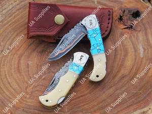 Couteau pliant professionnel fait main en acier Damas cuivré, pointe clip, pour chasse, camping, EDC, avec étui et aiguiseur, support OEM/ODM - Product Image 5