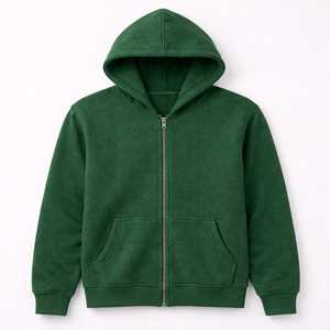 Green Unisex Hooded Zip-Up Fleece Sweatshirt Regular Fit Solid Color Casual Autumn Wear - Product Image 1