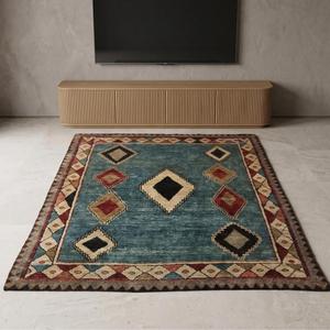 Alfombra de Lana Tejida a Mano, Diseño Floral Azul Turquesa, Clásica, para Sala de Estar o Dormitorio - Product Image 1