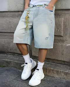 Pantalones Cortos de Mezclilla Holgados para Hombre, Color Azul Hielo Claro, Estilo Vintage, Lavado Ácido, Pierna Ancha, Retro, Ropa Urbana de Verano - Product Image 5